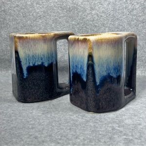 Rodolfo Padilla Coffee Mugs Mexico‎ Set Of 2 Drip Glaze Vintage Blues Tans Pair